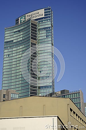 Palazzo Lombardia from Biblioteca degli Alberi in Milan, Italy Editorial Stock Photo