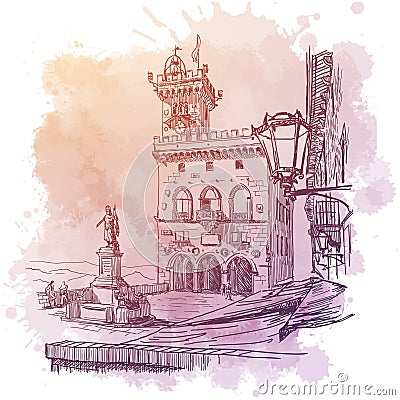 Palazzo Pubblico in San Marino. Vintage design. Linear sketch on a watercolor textured background. Vector Illustration