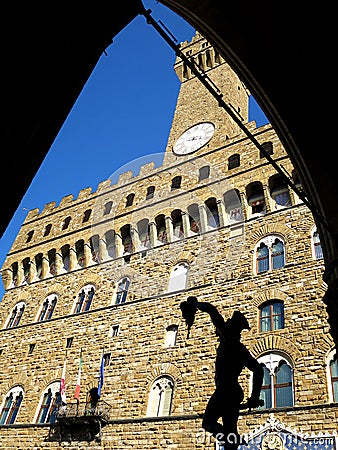 The Palazzo Vecchio in Florence, ITALY, view from the Loggia Lanzi with the sculpture "Perseus with Medusa's Head" Stock Photo