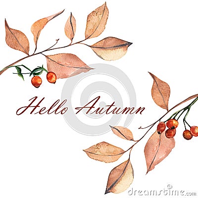 Pale berries and autumn leaves - horizontal botanical design banner. Floral pastel watercolor border frame. Hello autumn Stock Photo