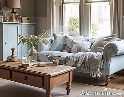 Pale blue sitting room decor, interior design and house improvement, living room furniture, sofa and home decor in country house Stock Photo