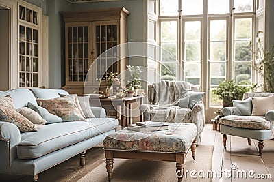 Pale blue sitting room decor, interior design and house improvement, living room furniture, sofa and home decor in country house Stock Photo