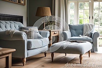 Pale blue sitting room decor, interior design and house improvement, living room furniture, sofa and home decor in country house Stock Photo