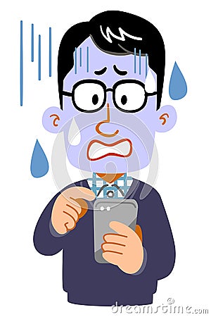 A pale expression of a man wearing glasses operating a smartphone Vector Illustration