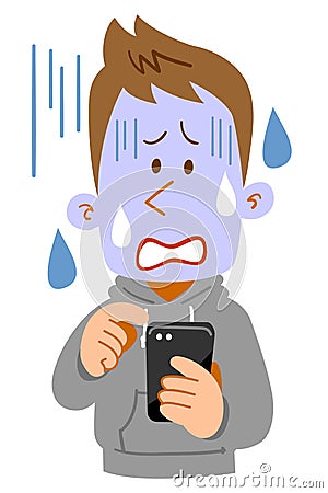 A pale expression of a young man operating a smartphone Vector Illustration