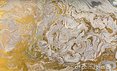 Pale marble pattern with golden glitter. Abstract liquid background. Stock Photo