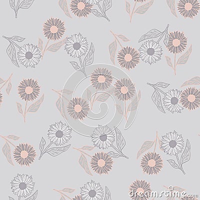 Pale palette seamless pattern with doodle simple sunflowers silhouettes. Scrapbook nature print Vector Illustration