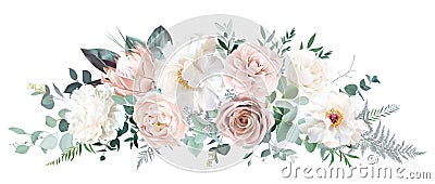 Pale pink camellia, dusty rose, ivory white peony, blush protea, nude pink ranunculus Vector Illustration