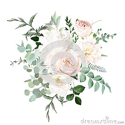 Pale pink and dusty rose, ivory white peony, beige dahlia, nude pink ranunculus, eucalyptus vector design bouquet. Vector Illustration