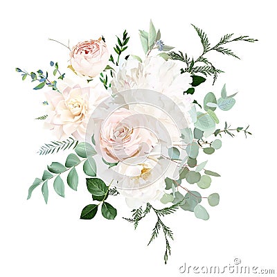 Pale pink and dusty rose, ivory white peony, beige dahlia, nude pink ranunculus, eucalyptus vector design bouquet. Vector Illustration