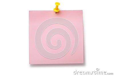 Pale pink sticker on yellow thumbtack Stock Photo