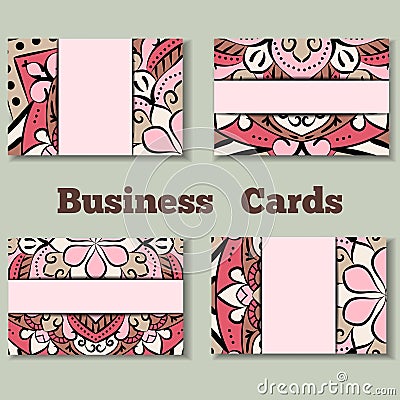 Pale pink template business cards with oriental pattern and geometric circle element. Vector Illustration