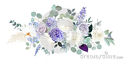 Pale purple rose, dusty mauve and lilac hyacinth, hydrangea, white dahlia, peony, orchid, dried fern Vector Illustration