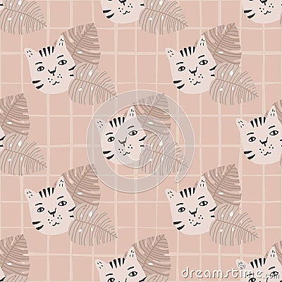 Pale seamless pattern with cats and monstera. Beige background with check. Botanical and animal print Cartoon Illustration