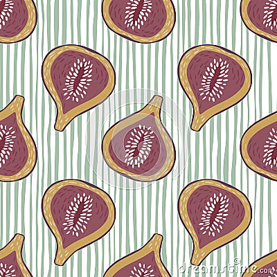 Pale tones fig silhouettes seamless hand drawn food pattern. Striped light background Cartoon Illustration