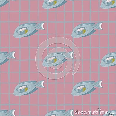 Pale tones seamless pattern with creative blue surgeon fish ornament. Pink chequered background Vector Illustration