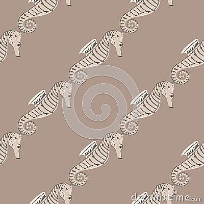 Pale tones seamless pattern in minimalistic style with seahorse doodle print. Grey palette aquatic backdrop Vector Illustration