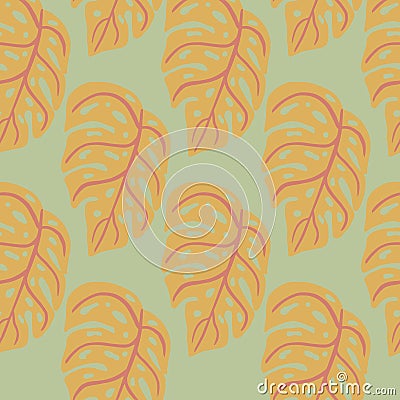 Pale tones seamless pattern with orange monstera foliage shapes. Tropic foliage print. Grey background Vector Illustration