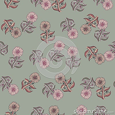 Pale tones vintage seamless pattern with random sunflower elements. Pastel green background. Pink flowers Vector Illustration