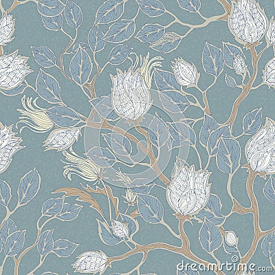 Pale turquoise seamless vintage hand drawn floral pattern Vector Illustration