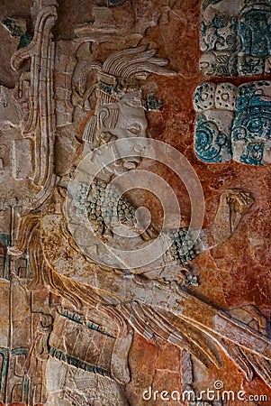 Palenque. Chiapas, Mexico. Ancient Mayan bas-relief on stone. Exposition of the Museum of archaeology Editorial Stock Photo