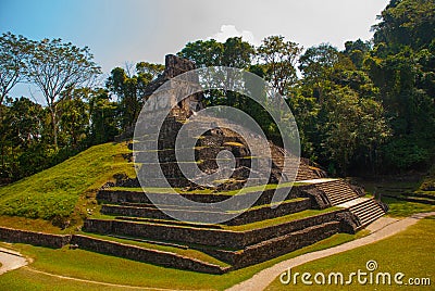 Palenque, Chiapas, Mexico: Huge ancient pyramid with steps in the archaeological complex. Stock Photo
