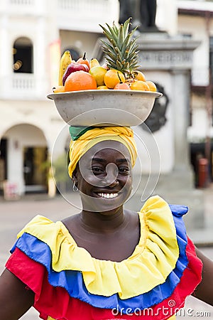 Palenquera, fruit seller lady on the street of Cartagena, Colombia Editorial Stock Photo