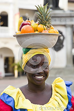 Palenquera, fruit seller lady on the street of Cartagena, Colombia Editorial Stock Photo