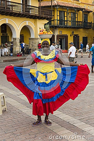 Palenquera, fruit seller lady on the street of Cartagena, Colombia Editorial Stock Photo