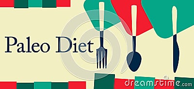Paleo Diet Spoon Fork Knife Retro Colors Rounded Squares Text Stock Photo