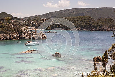 Paleokastritsa, Corfu, Greece - 15 July 2018, boat with tourists Editorial Stock Photo