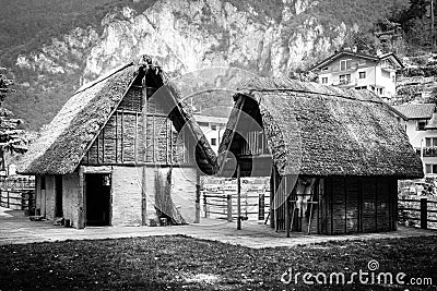 Paleolithic pile-dwelling near Ledro lake. Editorial Stock Photo