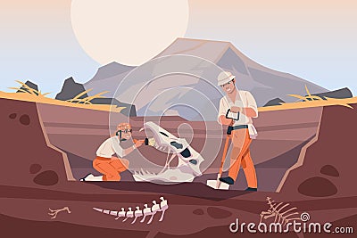 Paleontologist with fossil. Scientists working with ground excavation and prehistorical animal skeleton. People digging Vector Illustration