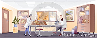 Paleontologists doing research with fossils in lab. People studying extinct dinosaur bones in laboratory vector Vector Illustration