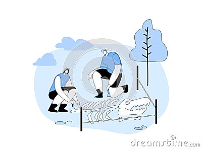 Paleontology Scientists Working on Excavations, Archeologists Digging, Brushing and Exploring Ancient Dinosaur Bones Vector Illustration