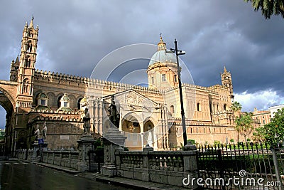 Palermo Cathedral on cloudy sky; Sicily, Italy Stock Photo