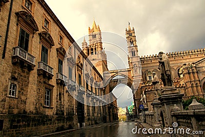 Palermo Cathedral side street with arch & tower, Stock Photo