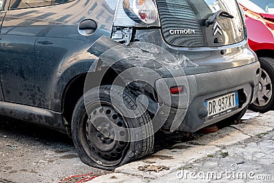 The damaged rear part of Citroen C1 car waiting to be fixed at a service centre Editorial Stock Photo