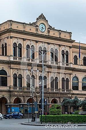 Palermo, Sicily, Italy - Facade of the central railway station and roundabout Editorial Stock Photo