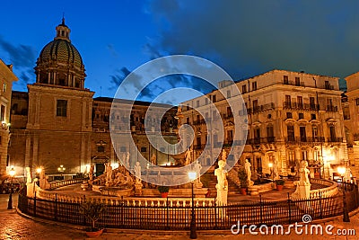 Palermo, Sicily, Italy - night view of Fountain of shame on baroque Pretoria square at night Stock Photo