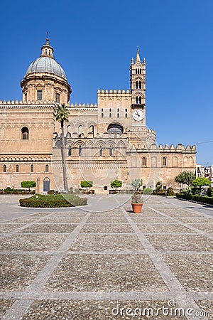 The front view of the Palermo Cathedral or Cattedrale di Palermo dome and tower in a nice sunny afternoon in Palermo, Sicily Editorial Stock Photo