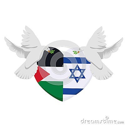 palestine and israel flags with doves flying Vector Illustration