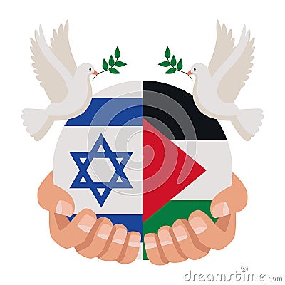 palestine and israel flags with peace doves Vector Illustration