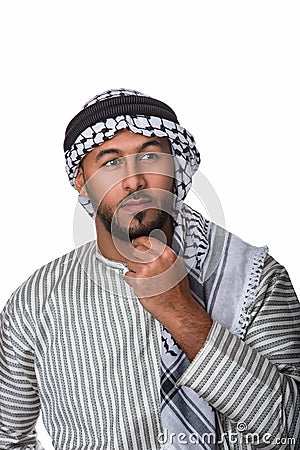 Palestinian Arab man in traditional costume and doing a thinking gesture Stock Photo