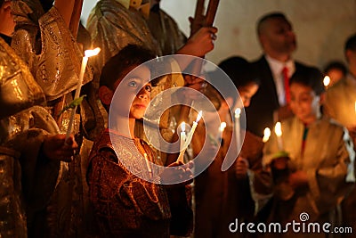 Palestinian Christians at the St. Porphyrius Church in Gaza. Editorial Stock Photo