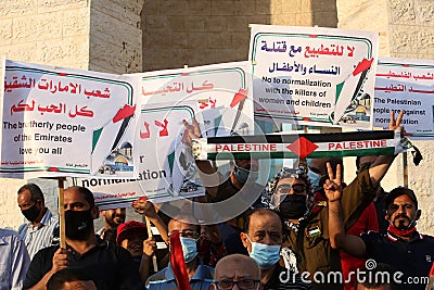 Palestinians protest against Israeli normalisation deals with the United Arab Emirates and Bahrain Editorial Stock Photo