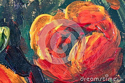 Palette knife abstract macro texture Red poppy flower oil painting close-up background Stock Photo