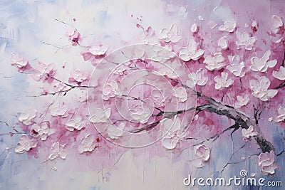 palette knife textured painting sakura Japanese cherry tree Sakura blossom background with a pink blooming sakura tree Stock Photo