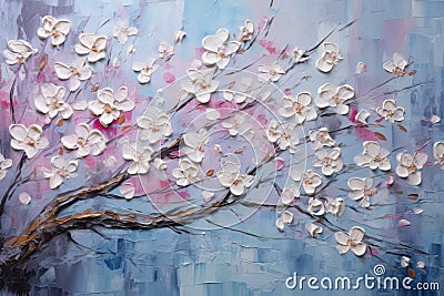 palette knife textured painting sakura Japanese cherry tree Sakura blossom background with a pink blooming sakura tree Stock Photo