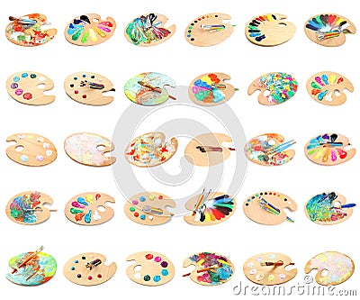 Palettes with paints and brushes on white background, collage Stock Photo